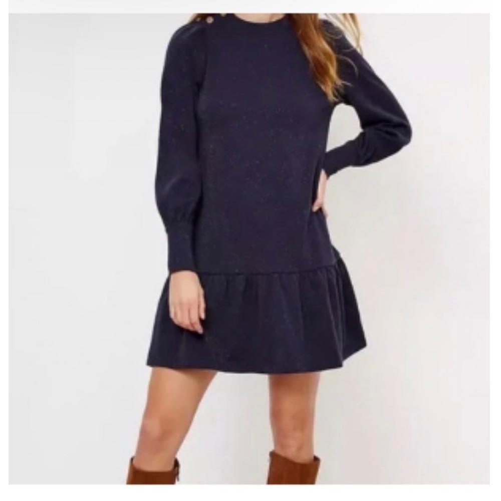 Loft Navy Blue Metallic Sparkle Sweatshirt Dress Gold Button Shoulder Womens XL